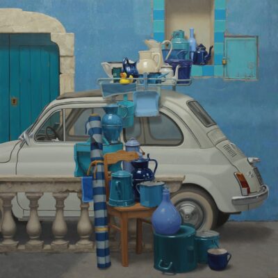 Paperella in terrazza - 2025, olio su tavola 150 x 150 cm. Paperella in terrazza - 2025, olio su tavola 150 x 150 cm.