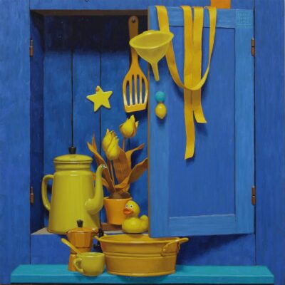 Un solo sportello ma c'è del giallo - 2025, olio su tavola 70 x 70 cm. Un solo sportello ma c'è del giallo - 2025, olio su tavola 70 x 70 cm.